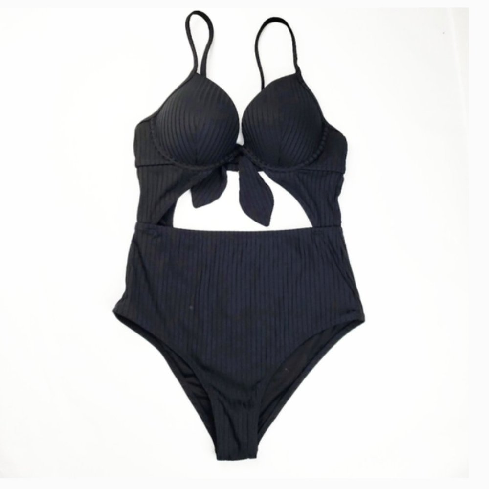 NEW Ribbed Tie Front Cut Out One Piece Black